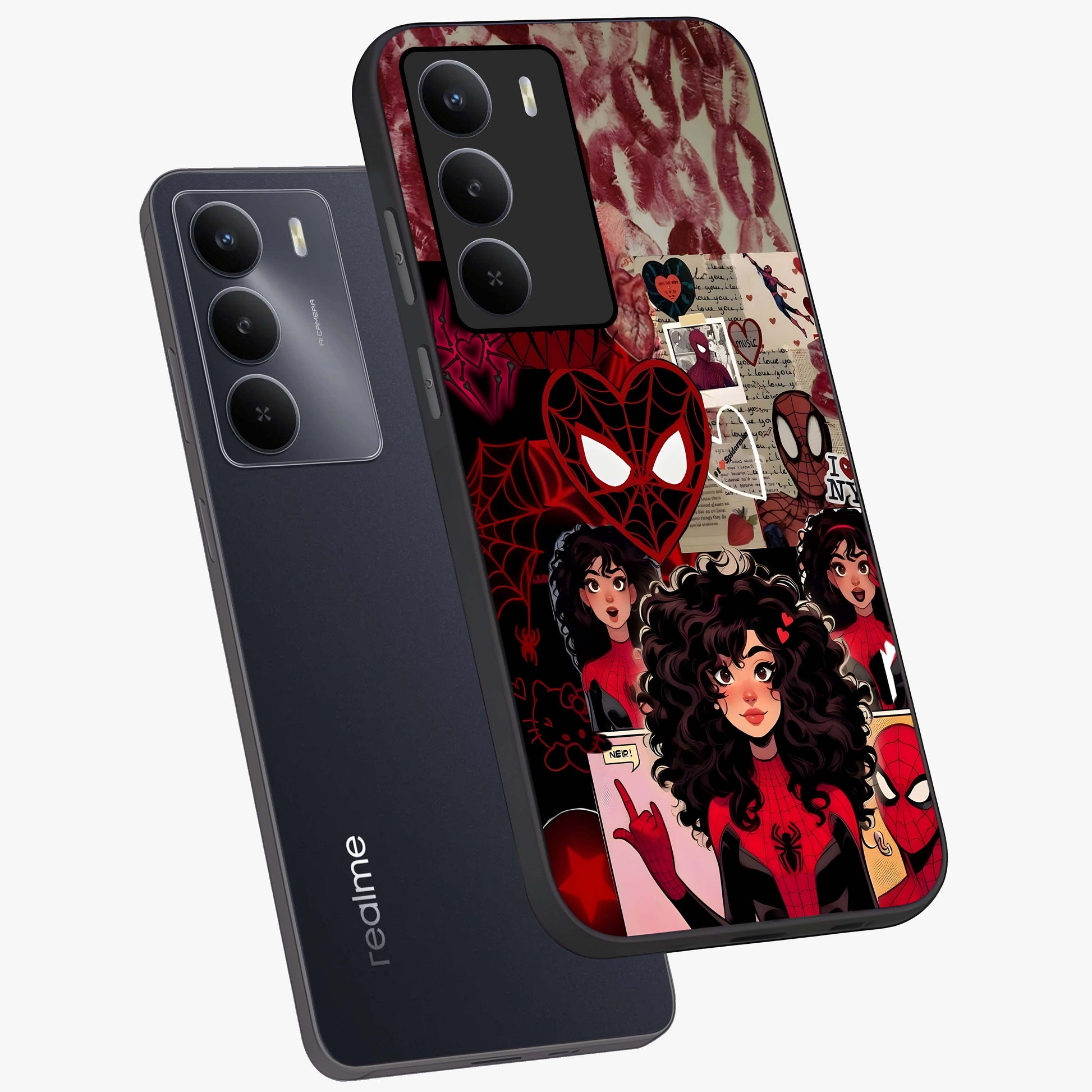 Spider Love Story Glass Case displayed in angled mockup highlighting expressive comic inspired design with playful aesthetic.