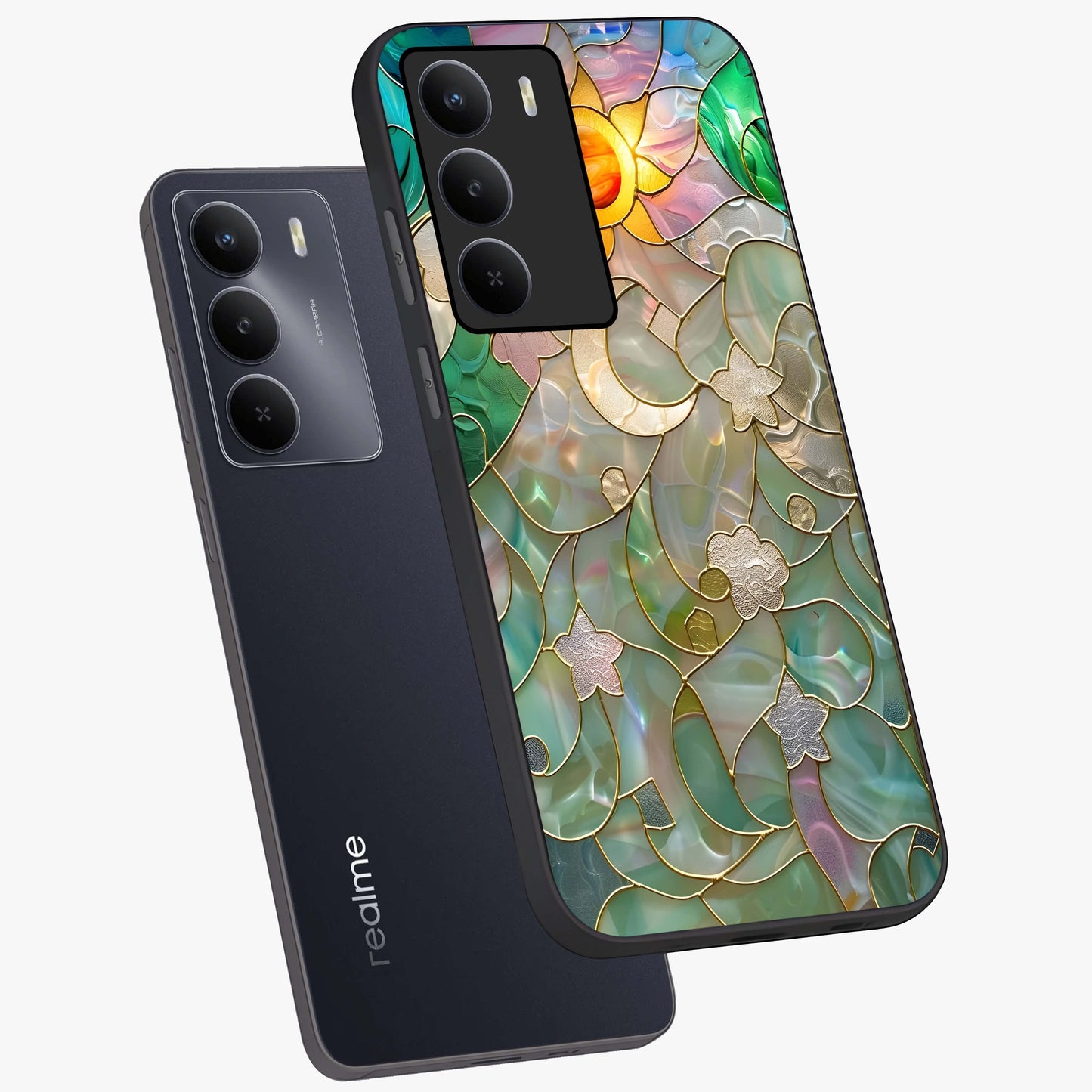 Stained Sunrise Glow Glass Case displayed in angled mockup highlighting radiant sunrise design with artistic aesthetic style.