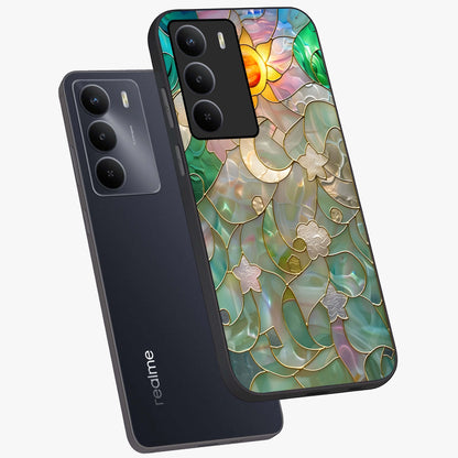Stained Sunrise Glow Glass Case displayed in angled mockup highlighting radiant sunrise design with artistic aesthetic style.