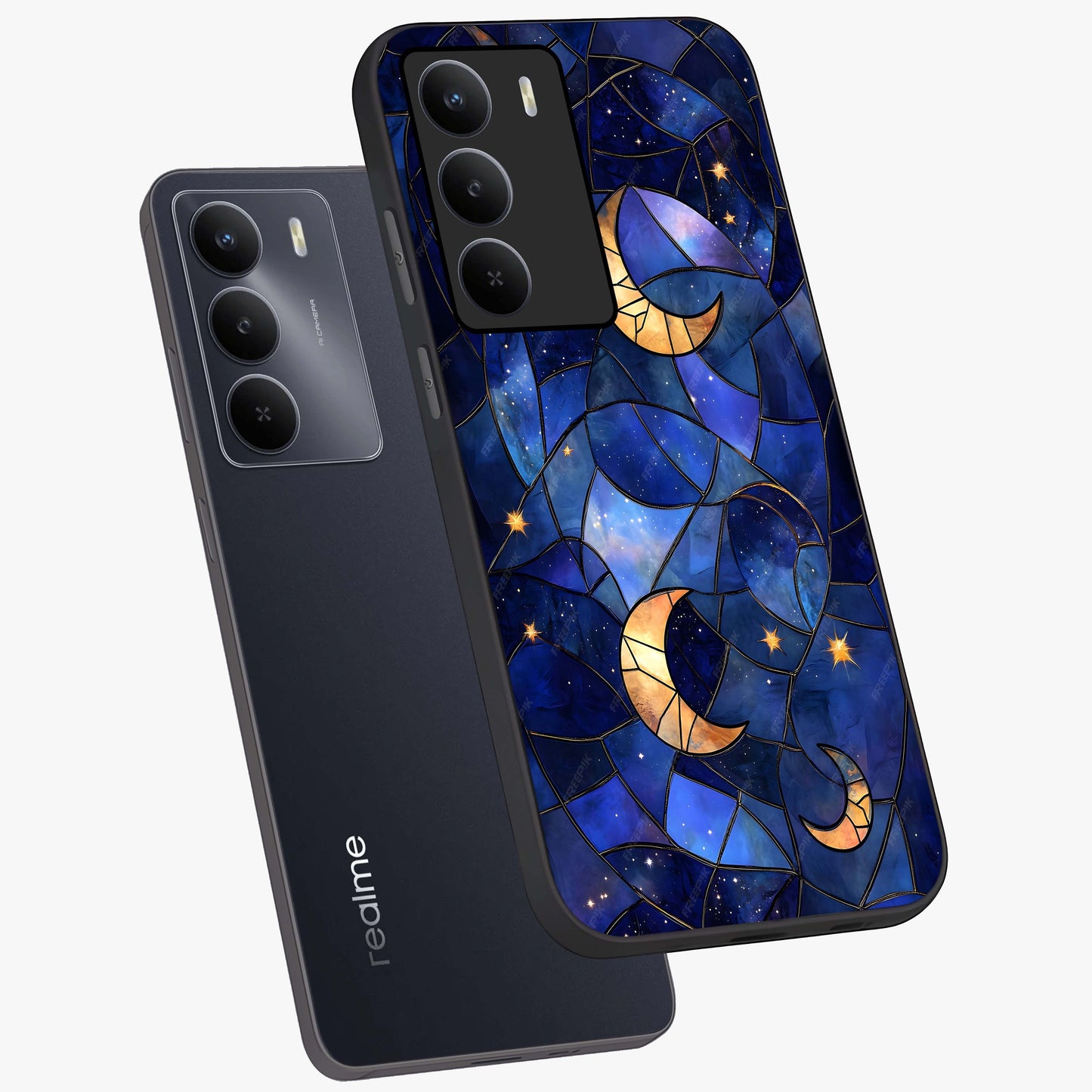 Starlit Sky Tapestry Glass Case displayed in angled mockup highlighting celestial night pattern with artistic aesthetic style.