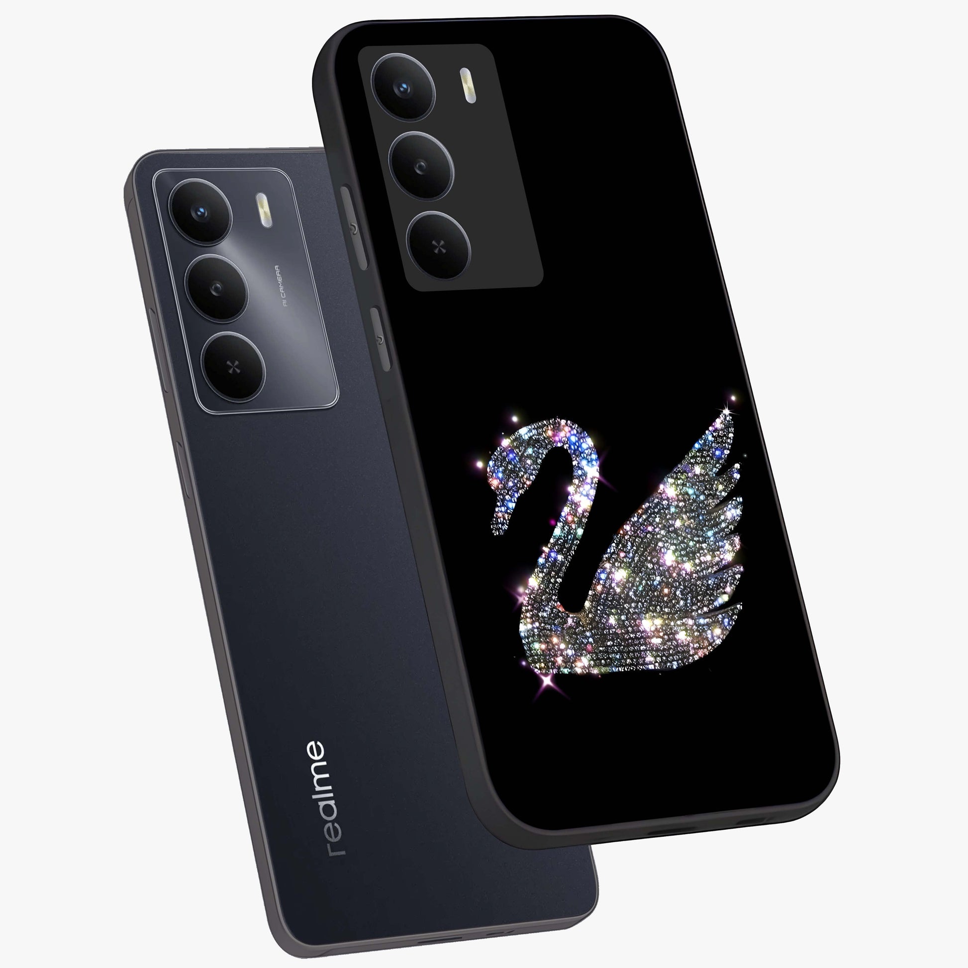 Starlit Swan Grace Glass Case displayed in angled mockup highlighting elegant swan illustration with dreamy celestial aesthetic.