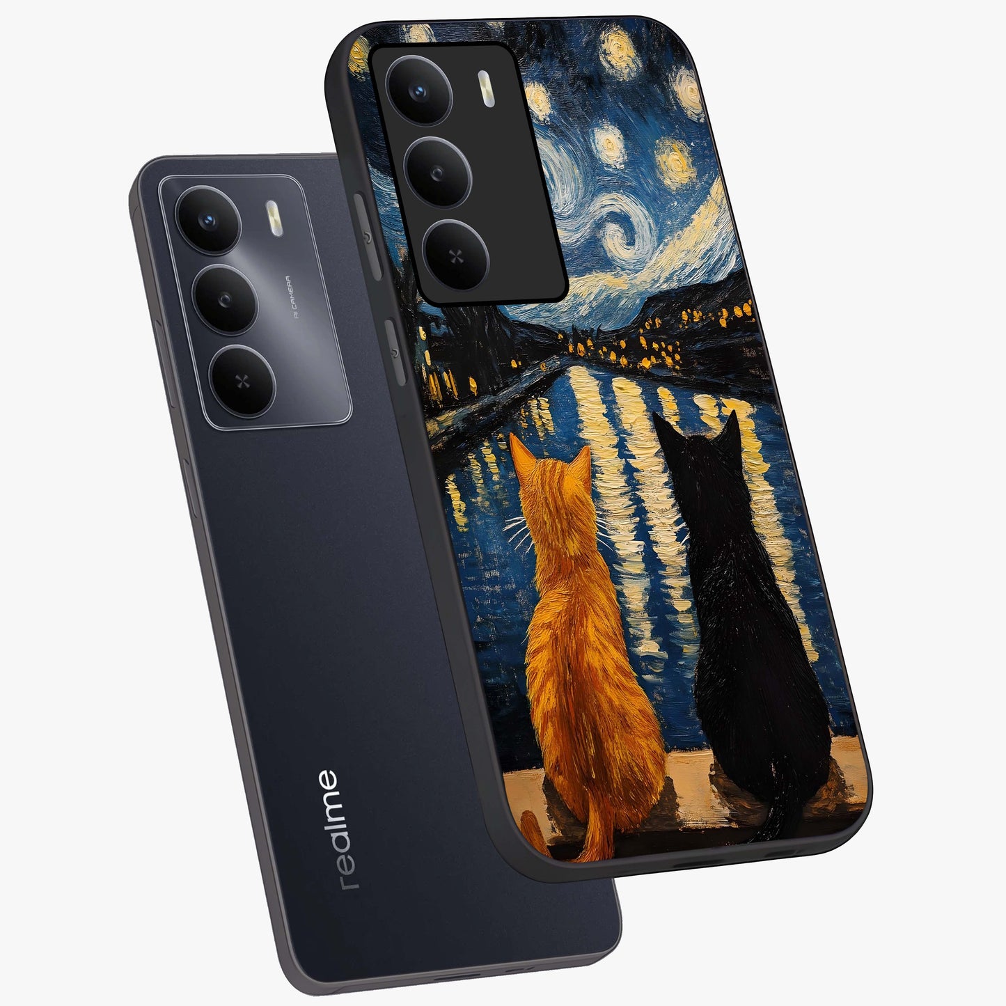 Starry River Cats Glass Case displayed in angled mockup highlighting charming feline illustration with dreamy night aesthetic.