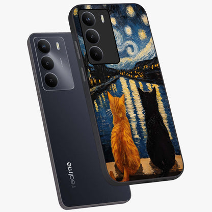 Starry River Cats Glass Case displayed in angled mockup highlighting charming feline illustration with dreamy night aesthetic.