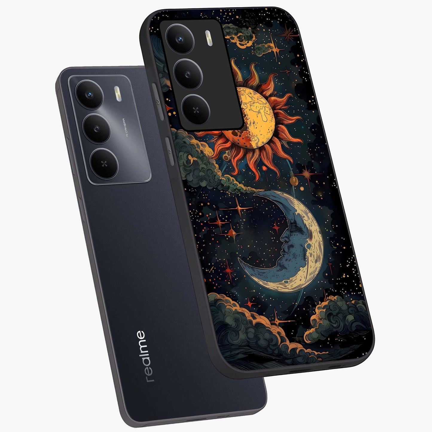 Sun And Moon Magic Design Glass Case displayed in angled mockup highlighting celestial design with magical cosmic aesthetic.