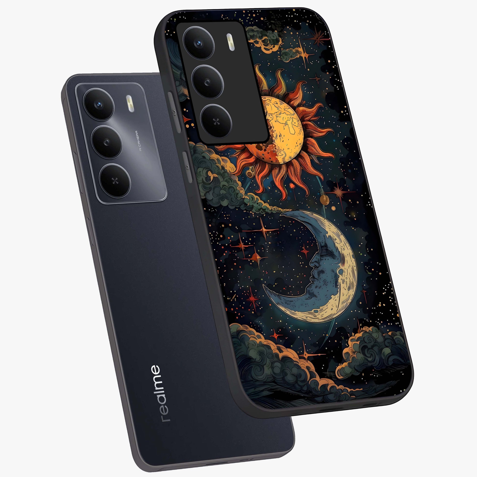 Sun And Moon Magic Design Glass Case displayed in angled mockup highlighting celestial design with magical cosmic aesthetic.