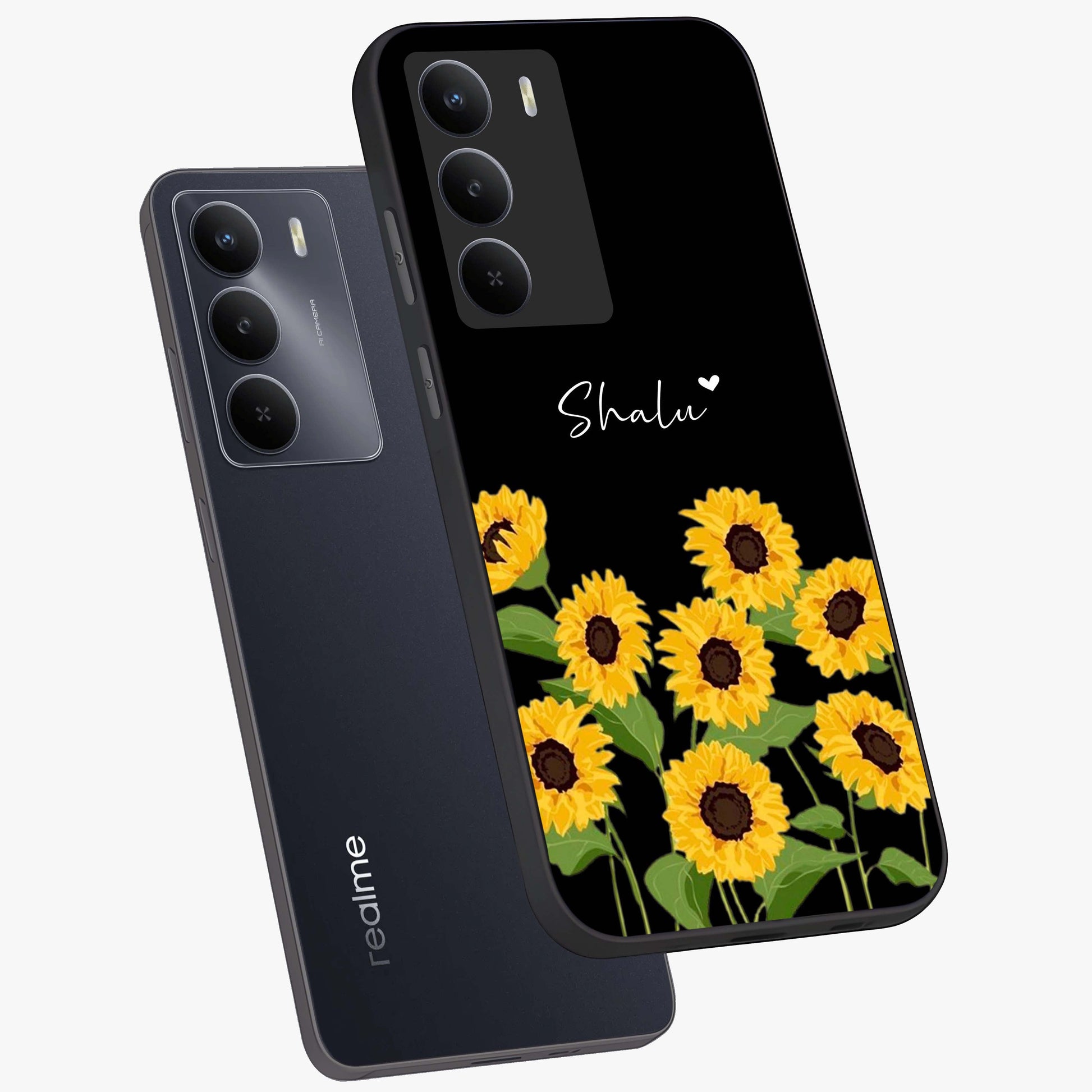 Sunflower Chic Mood Custom Name Glass Case displayed in angled mockup highlighting vibrant sunflower design with custom name feature.