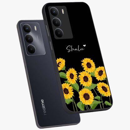 Sunflower Chic Mood Custom Name Glass Case displayed in angled mockup highlighting vibrant sunflower design with custom name feature.