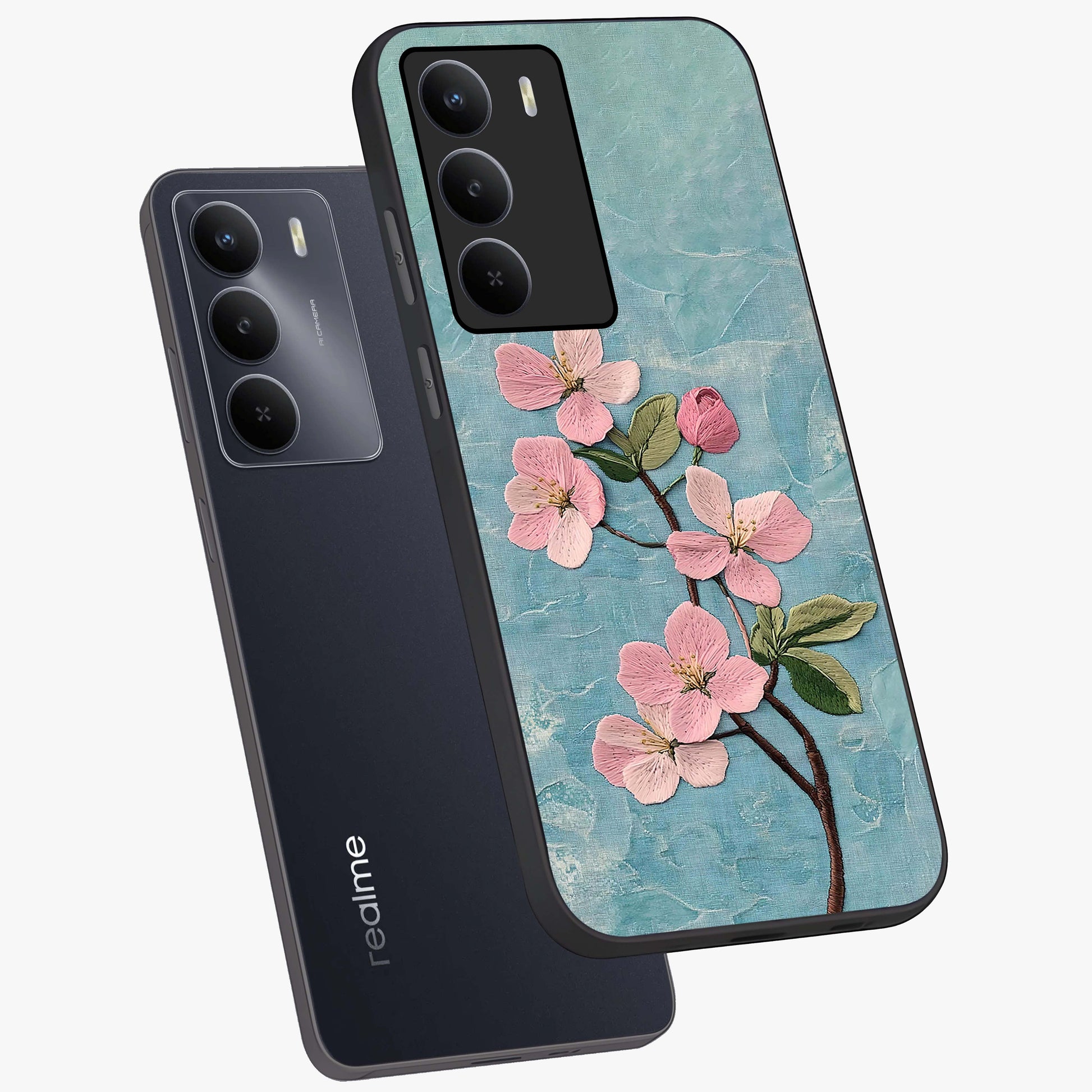 Threaded Blossom Breeze Glass Case displayed in angled mockup highlighting elegant floral design with soft aesthetic style.