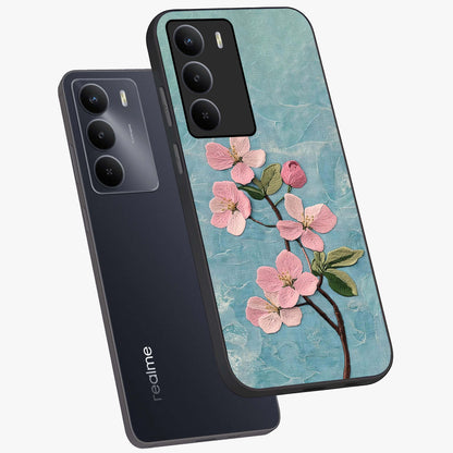 Threaded Blossom Breeze Glass Case displayed in angled mockup highlighting elegant floral design with soft aesthetic style.