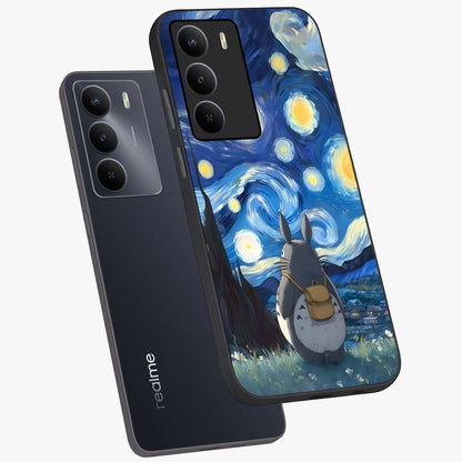 Totoro In Van Gogh Art Glass Case displayed in angled mockup highlighting artistic swirling sky design with playful animation aesthetic.