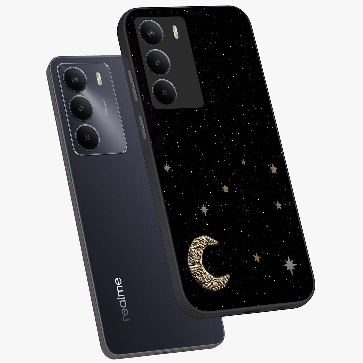 Twinkle Star With Half Moon Glass Case displayed in angled mockup highlighting celestial moon and star design with magical aesthetic.