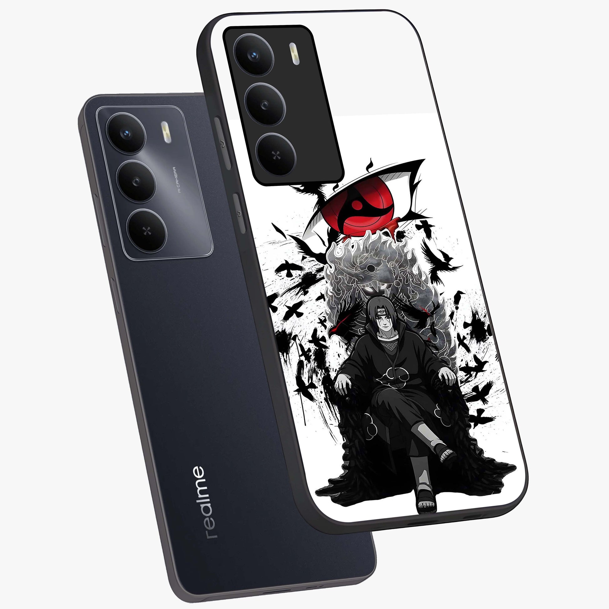Uchiha Shadow Throne Glass Case displayed in angled mockup highlighting glowing aquatic design with celestial aesthetic.