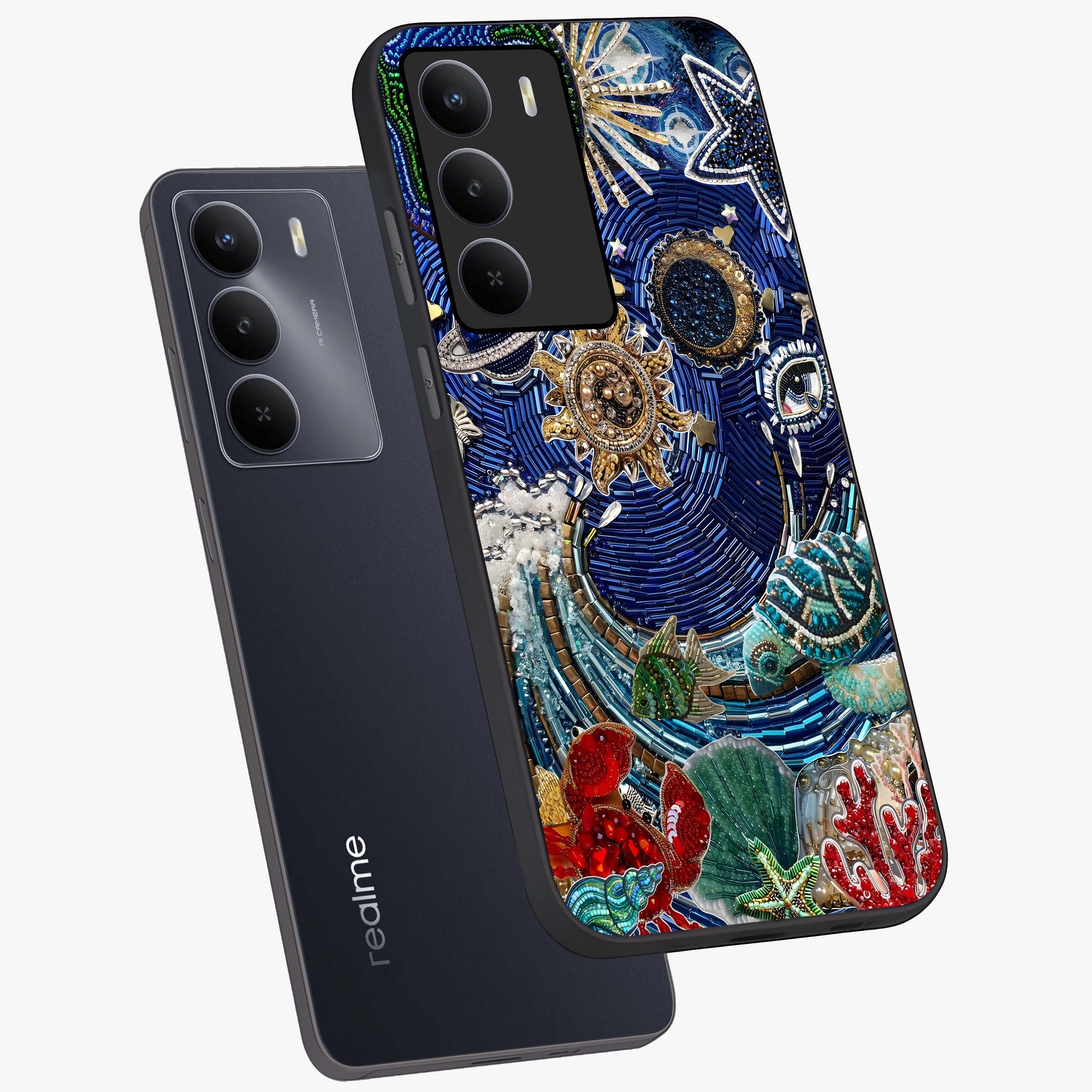 Universe Underwater Spark Glass Case displayed in angled mockup highlighting glowing aquatic design with celestial aesthetic.