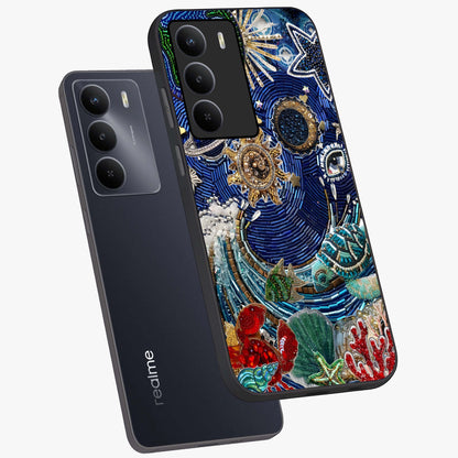 Universe Underwater Spark Glass Case displayed in angled mockup highlighting glowing aquatic design with celestial aesthetic.