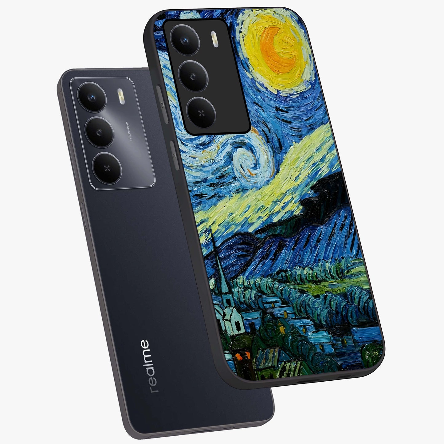 Van Gogh Art Glass Case displayed in angled mockup highlighting swirling brushstroke design with artistic aesthetic.