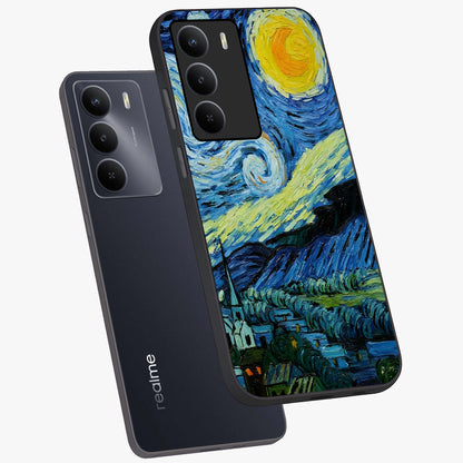 Van Gogh Art Glass Case displayed in angled mockup highlighting swirling brushstroke design with artistic aesthetic.