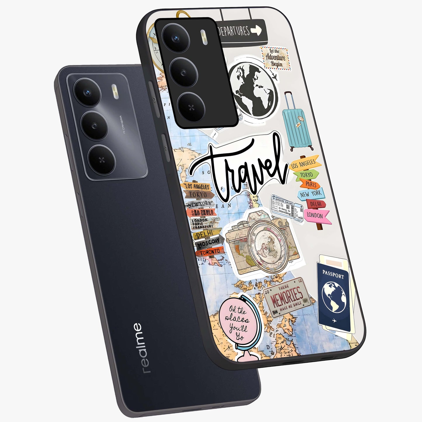 Wanderlust Journal Glass Case displayed in angled mockup highlighting adventure themed design with aesthetic travel vibe.