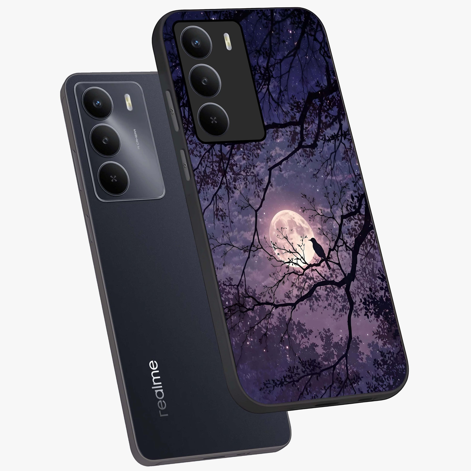 Whispering Moon Silence Glass Case displayed in angled mockup highlighting calm lunar design with dreamy night aesthetic.