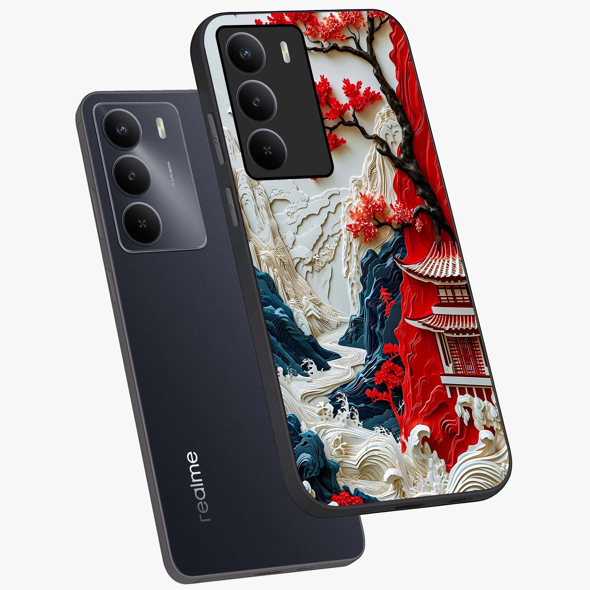 Whispers Of Sakura Waves Glass Case displayed in angled mockup highlighting flowing sakura design with soft floral aesthetic.
