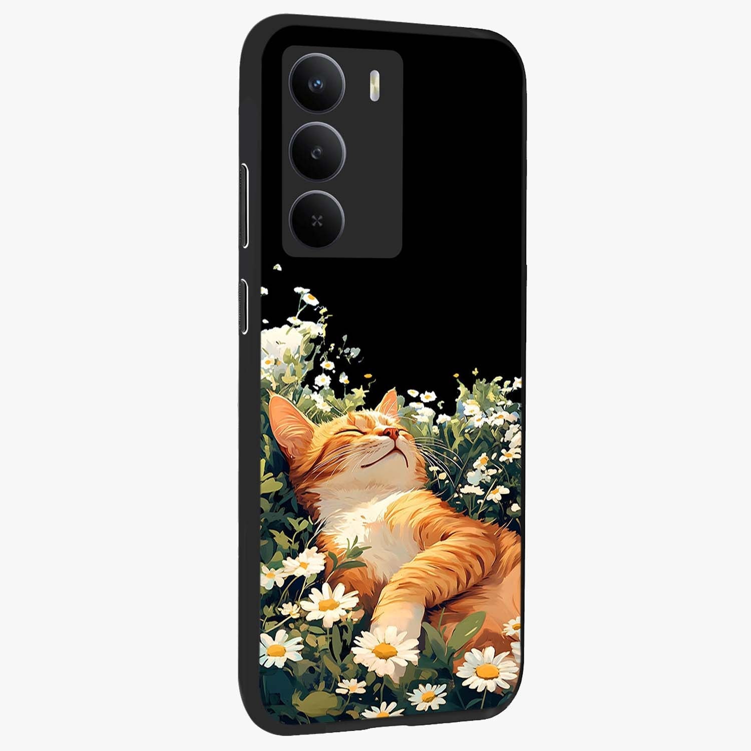 Blissful Bloom Cat Glass Case upright view showcasing charming cat design surrounded by blooming floral elements.