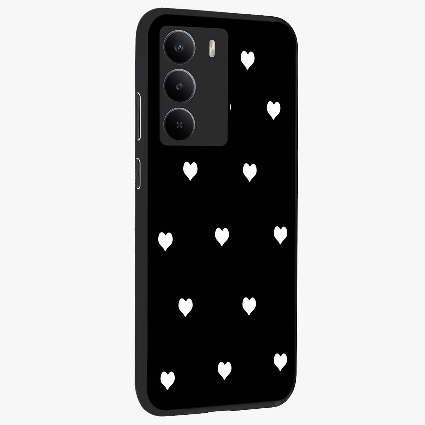 Cute And Simple White Hearts Glass Case upright view showcasing simple white hearts artwork with soft minimal theme.
