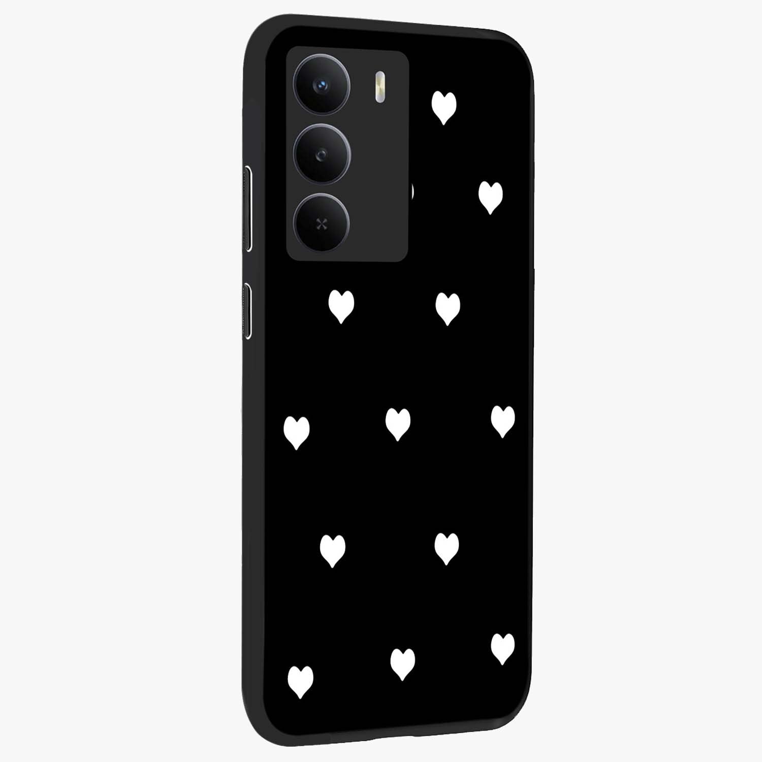 Cute And Simple White Hearts Glass Case upright view showcasing simple white hearts artwork with soft minimal theme.