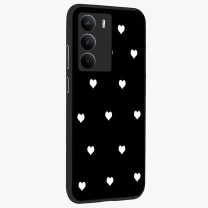 Cute And Simple White Hearts Glass Case upright view showcasing simple white hearts artwork with soft minimal theme.