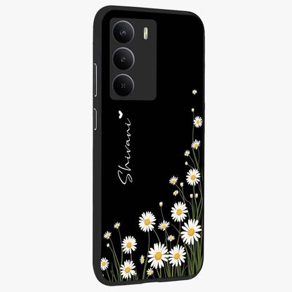 Daisy Cascade Custom Name Glass Case upright view showcasing elegant floral cascade design with personalized aesthetic.