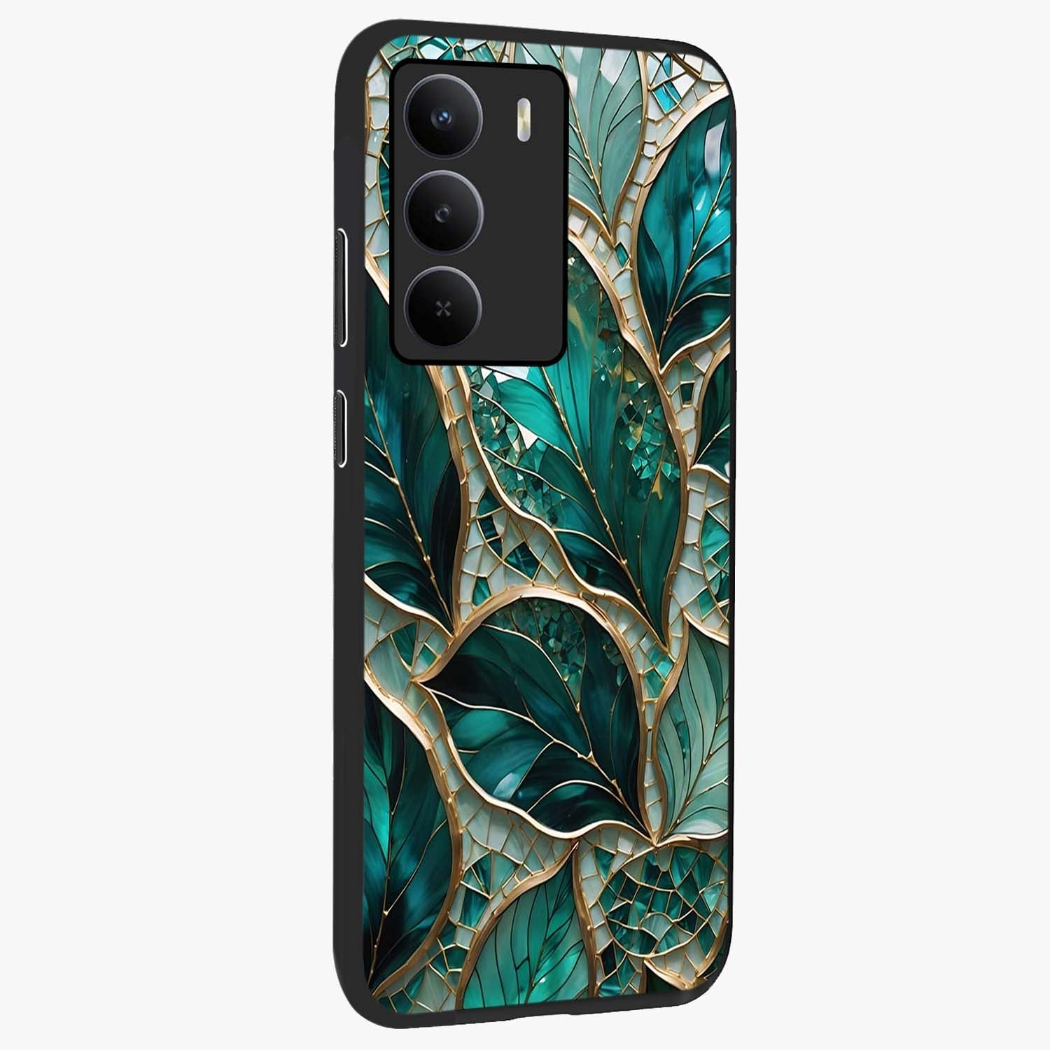 Emerald Leaf Glass Glass Case upright view showcasing fresh green leaf artwork with calming nature inspired style.