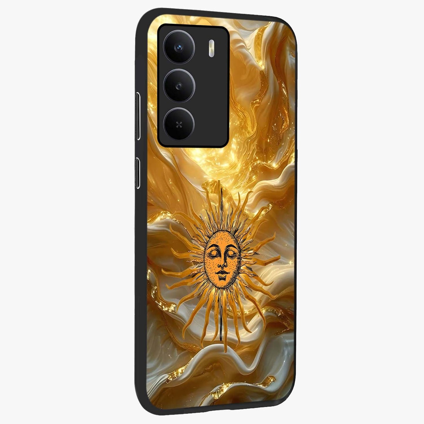 Eternal Golden Glow Glass Case upright view showcasing luminous golden artwork with luxurious visual theme.