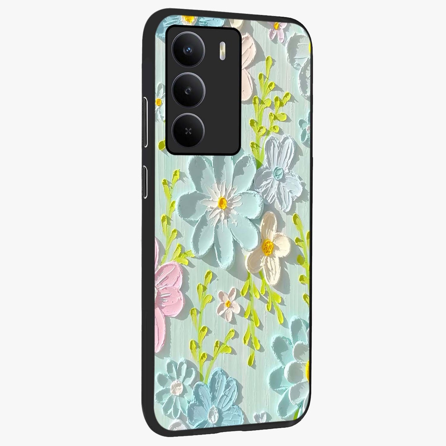 Frosted Petal Garden Glass Case upright view showcasing elegant floral garden artwork with soothing pastel theme.
