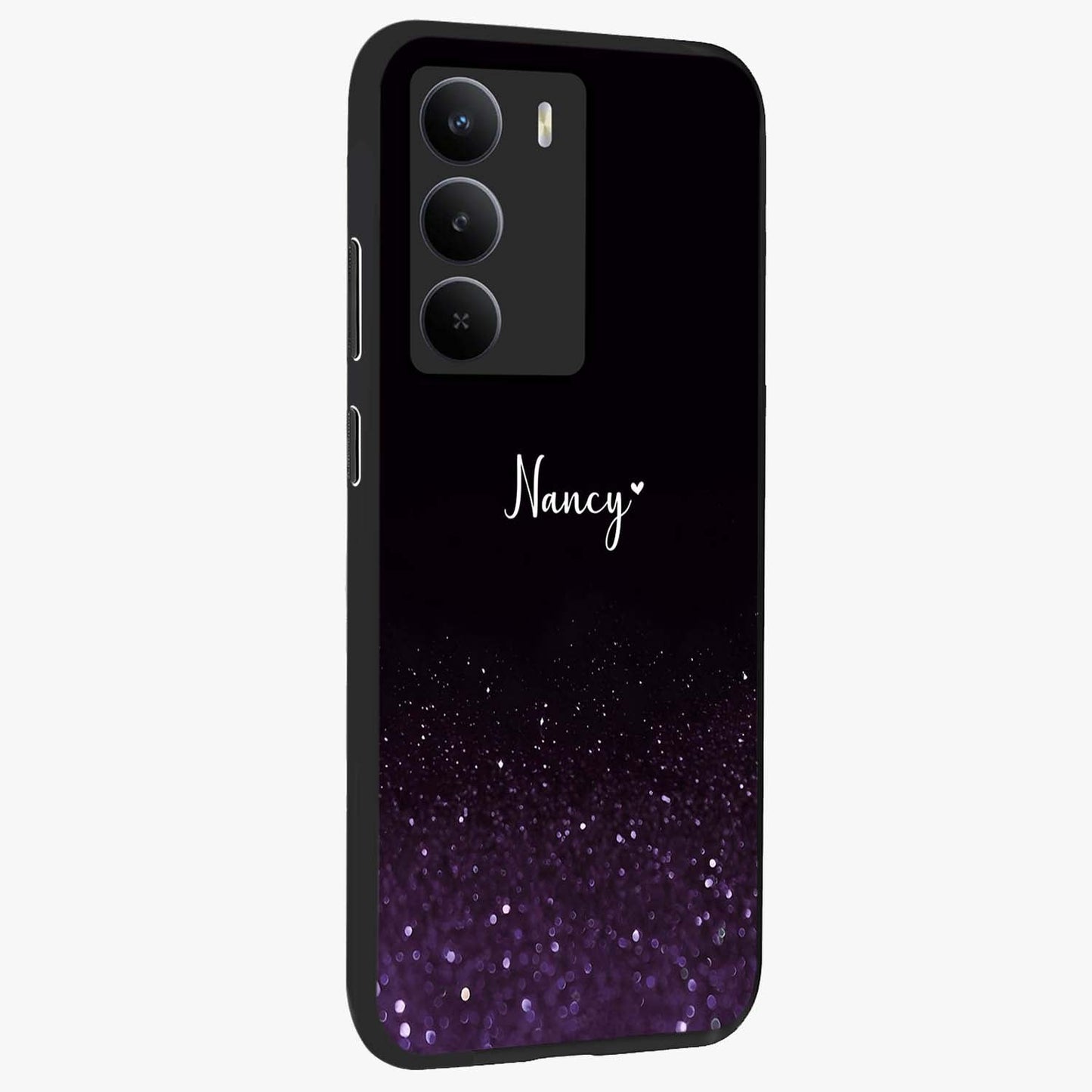 Glittery Purple Bokeh Custom Name Glass Case upright view showcasing vibrant purple sparkle artwork with personalized aesthetic style.