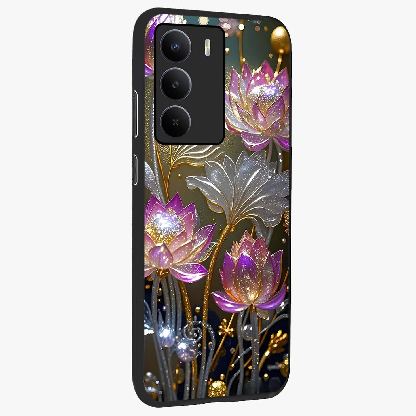 Golden Floral Majesty Glass Case upright view showcasing majestic floral artwork with rich decorative theme.