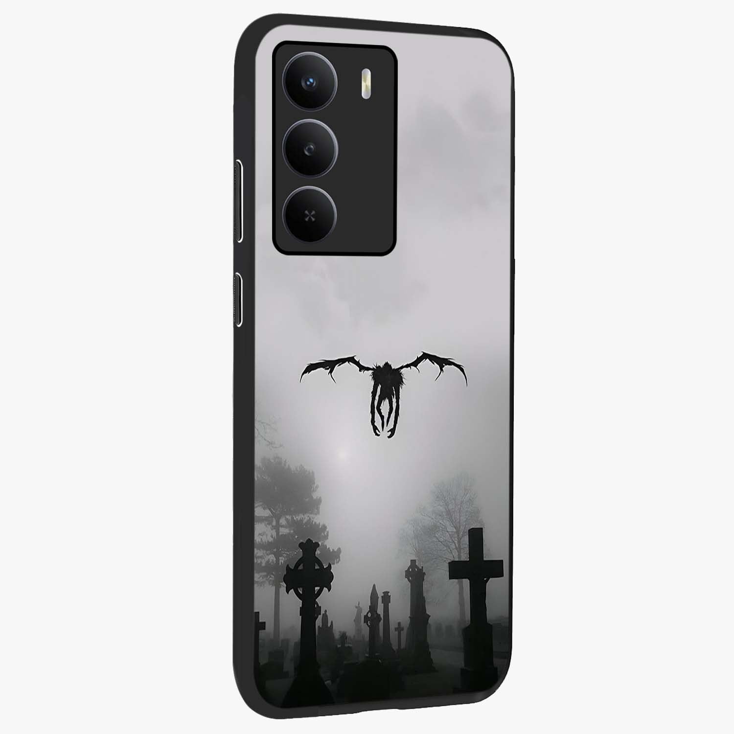 Graveyard Shadow Descent Glass Case upright view showcasing haunting graveyard artwork with dramatic dark theme.