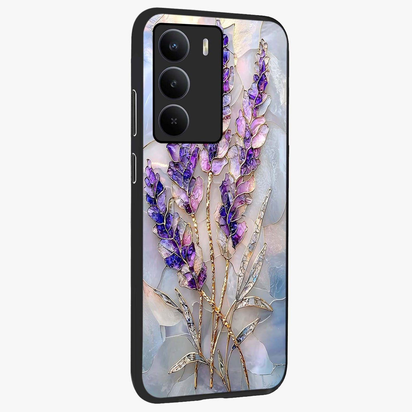 Lavender Dream Glow Glass Case upright view showcasing radiant lavender glow artwork with calming dreamy theme.