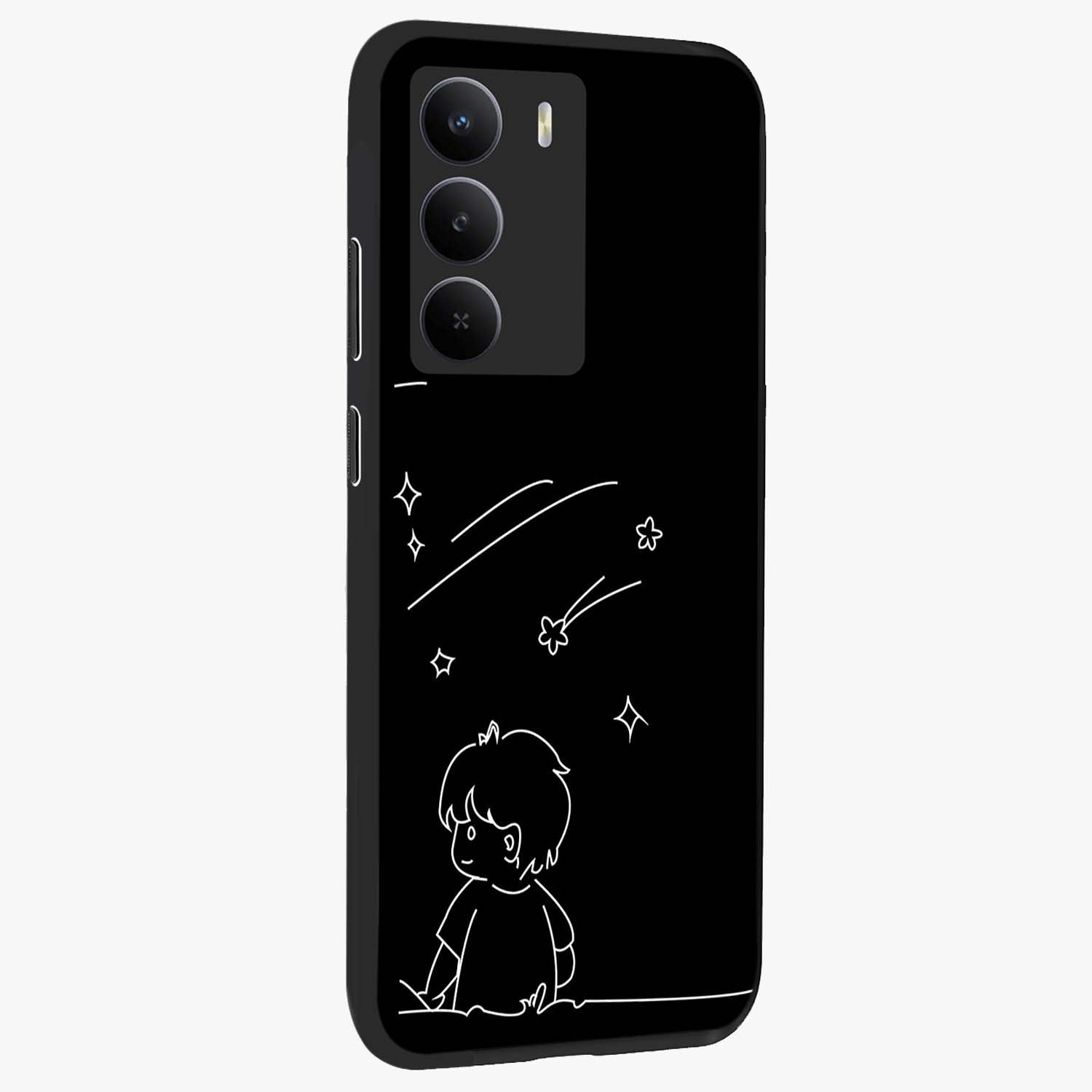 Line Art Boy With Shooting Stars Glass Case upright view showcasing artistic shooting star illustration with minimal style.