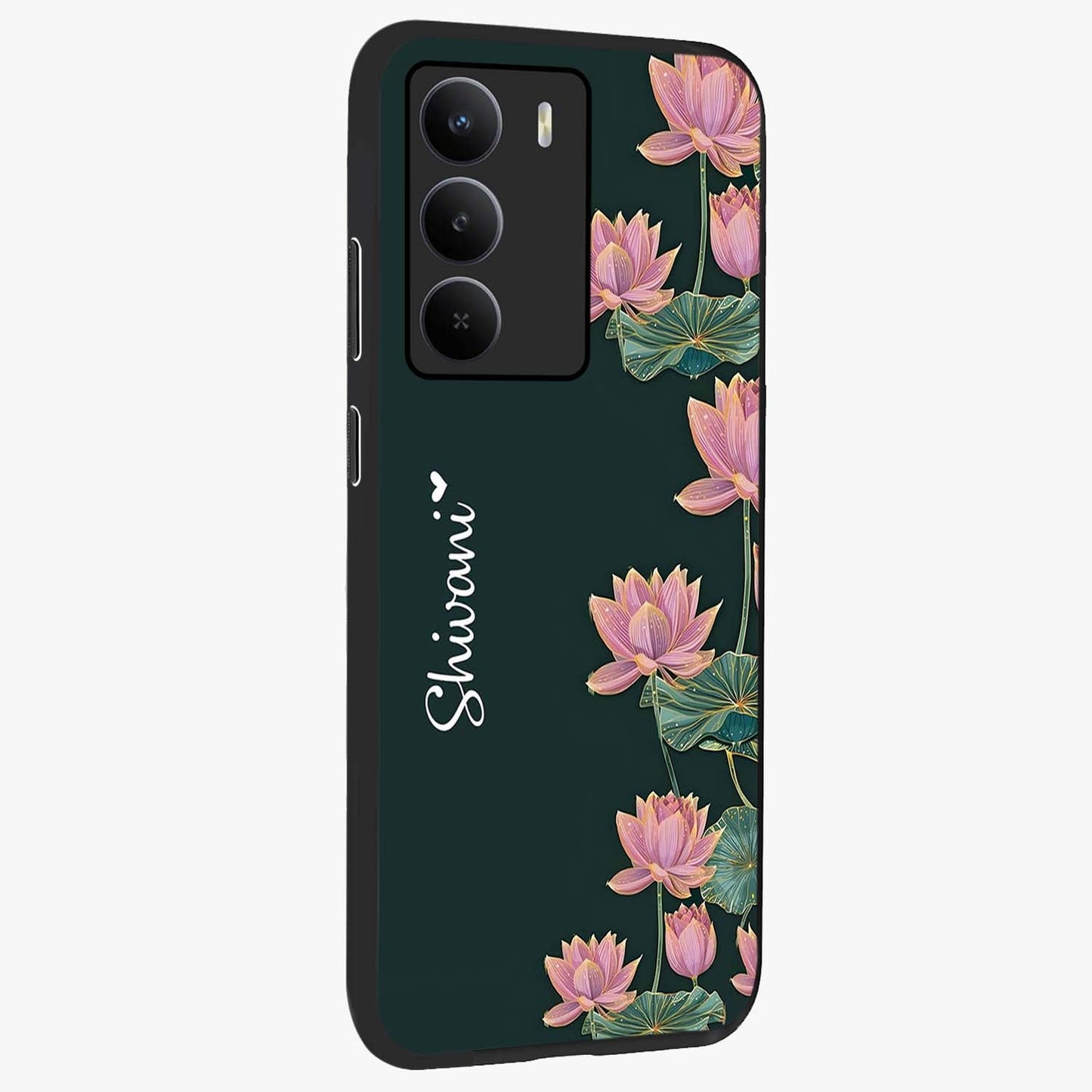 Lotus Bloom Serenity Custom Name Glass Case upright view showcasing serene lotus bloom artwork with personalized floral aesthetic.