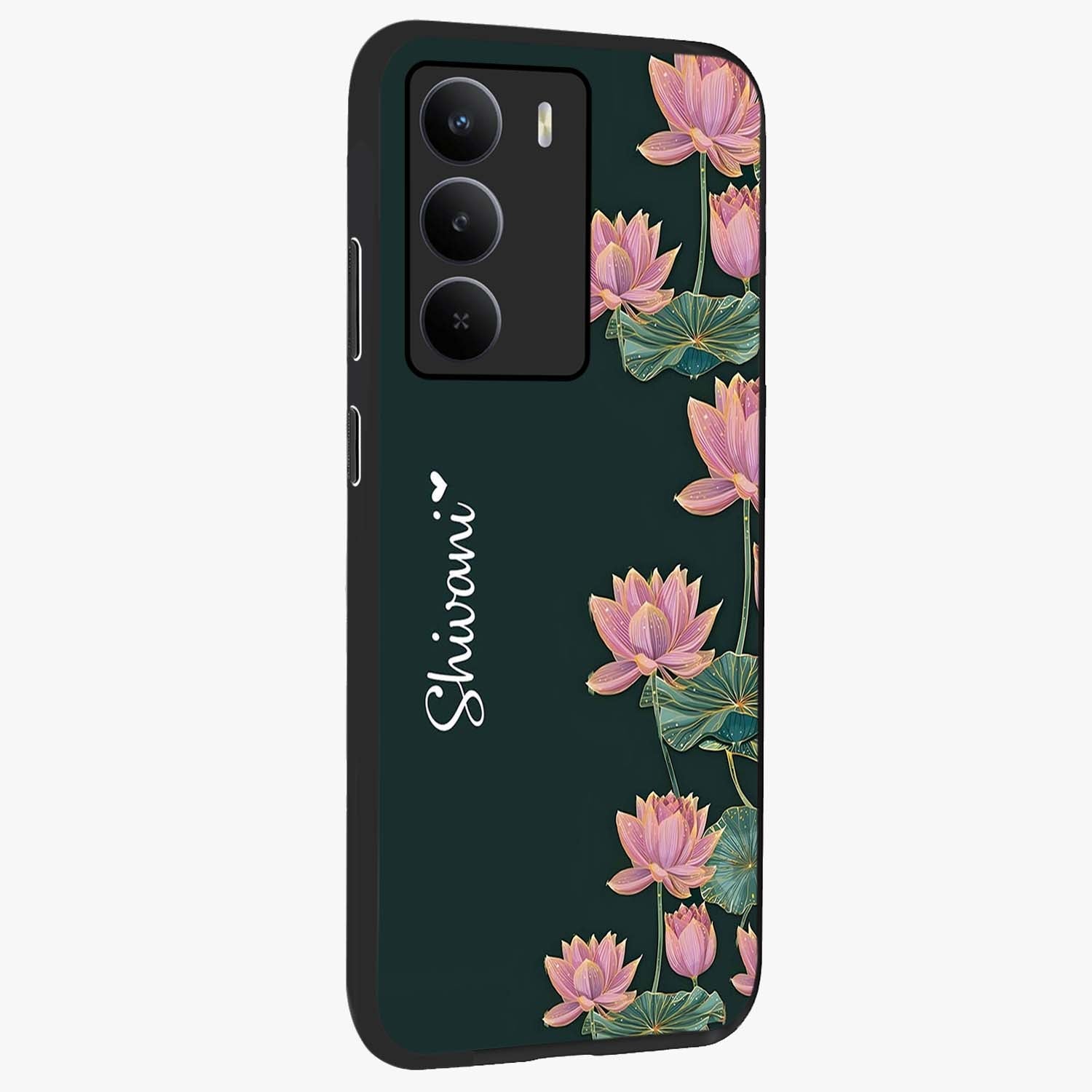 Lotus Bloom Serenity Custom Name Glass Case upright view showcasing serene lotus bloom artwork with personalized floral aesthetic.