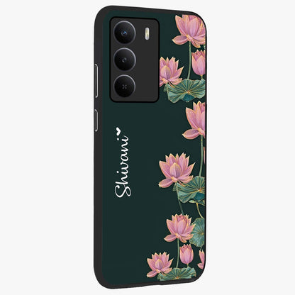Lotus Bloom Serenity Custom Name Glass Case upright view showcasing serene lotus bloom artwork with personalized floral aesthetic.