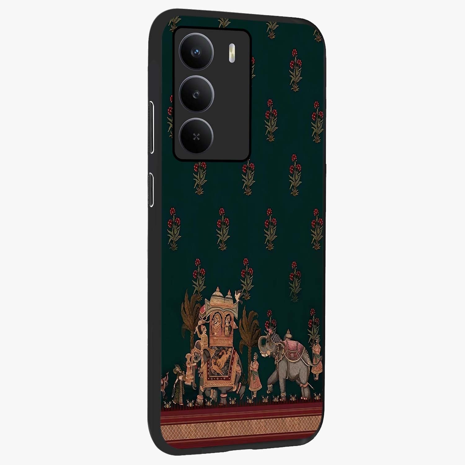 Macmerise Glass Case upright view showcasing bold artistic artwork with contemporary design theme.