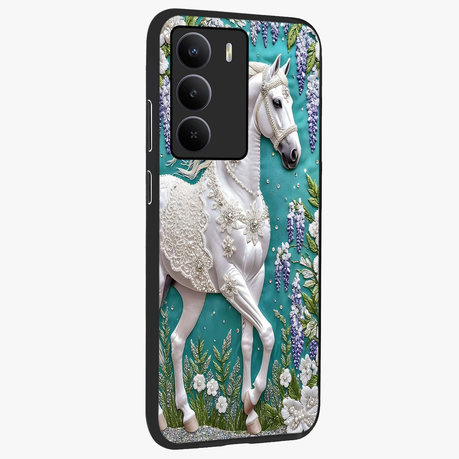 Majestic Floral Stallion Glass Case upright view showcasing dramatic horse artwork with decorative floral theme.
