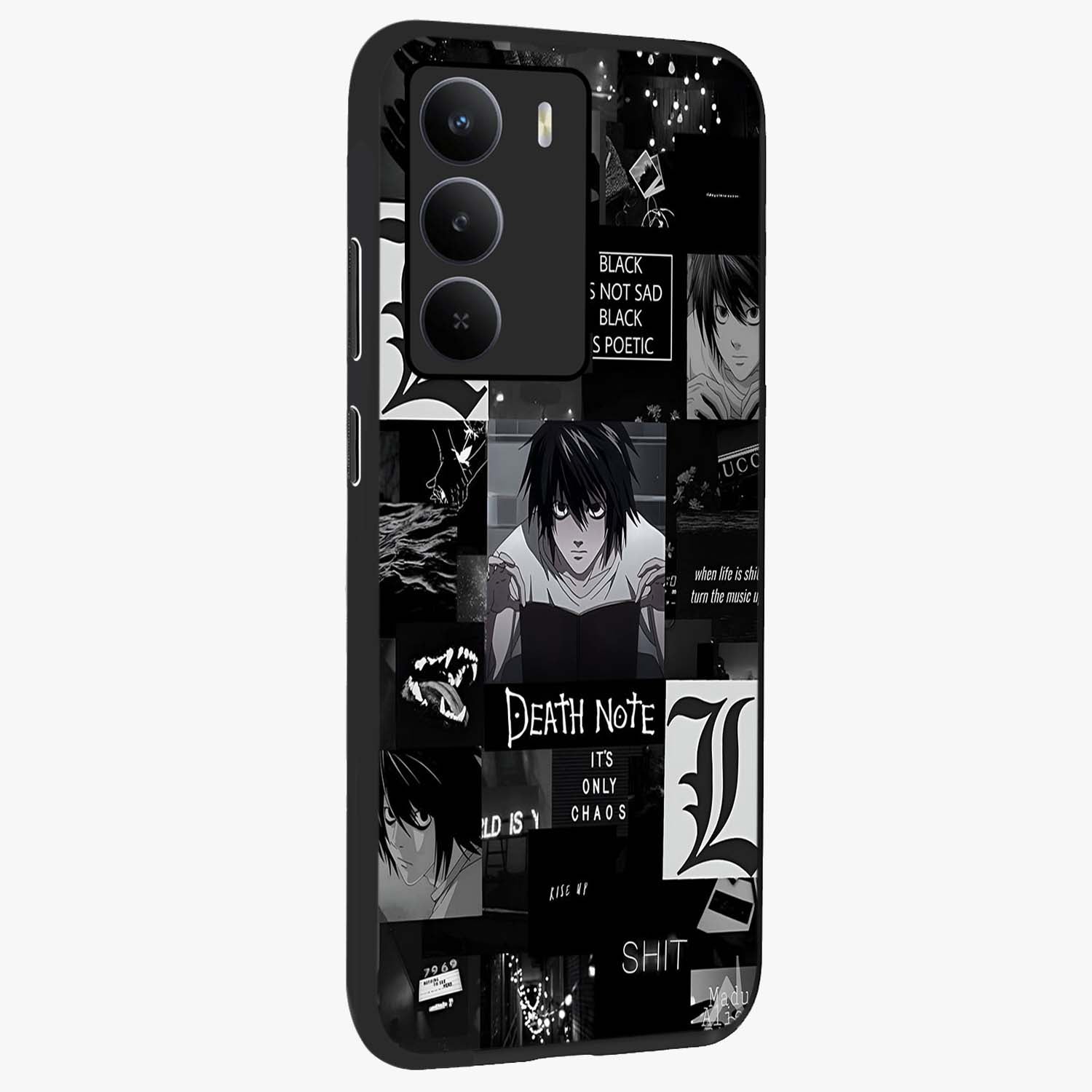 Midnight Chaos Mind Glass Case upright view showcasing expressive abstract artwork with bold dark theme.