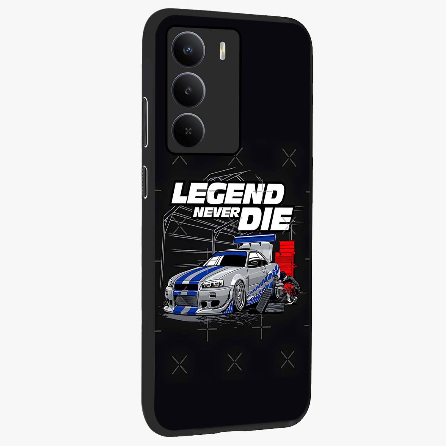 Midnight Racing Legacy Glass Case upright view showcasing powerful racing artwork with modern sports theme.