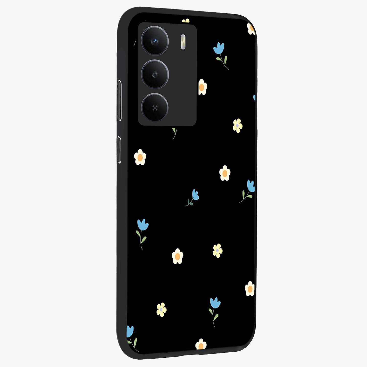 Minimal Petal Whispers Glass Case upright view showcasing elegant floral artwork with modern minimalist style.