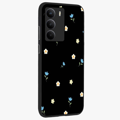 Minimal Petal Whispers Glass Case upright view showcasing elegant floral artwork with modern minimalist style.