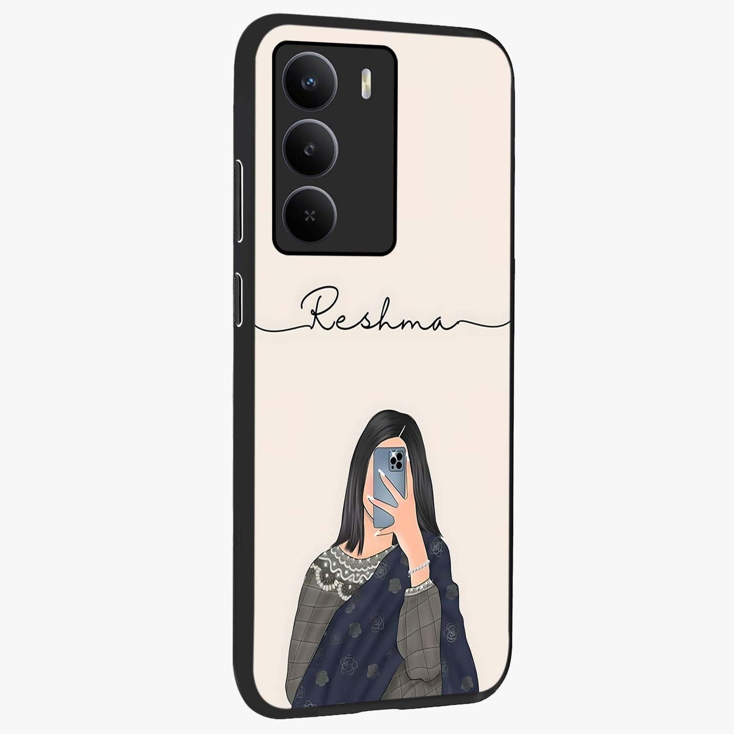 Mirror Mood Muse With Custom Name Glass Case upright view showcasing artistic mirror themed artwork with personalized aesthetic.