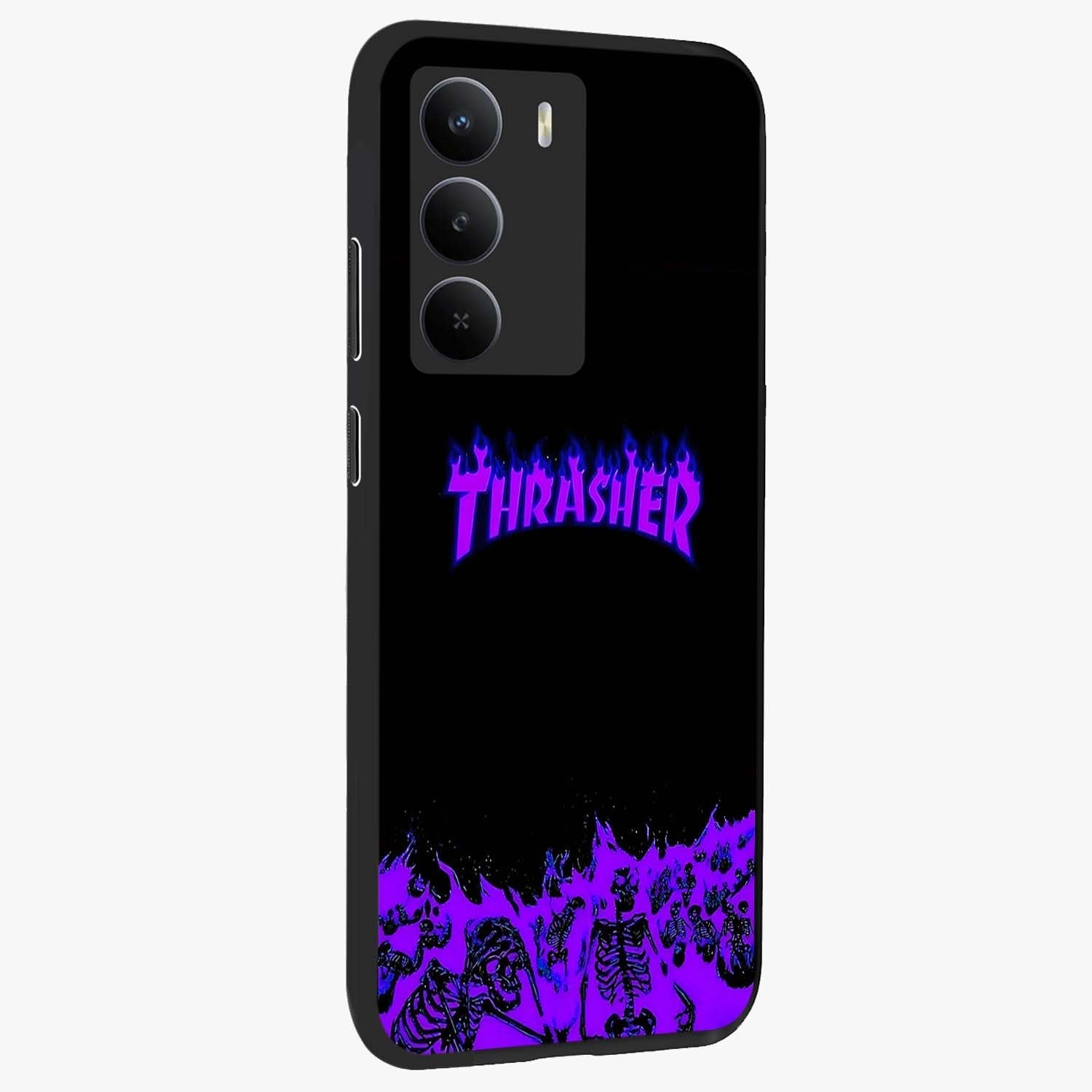 Neon Flame Riot Glass Case upright view showcasing dynamic flame artwork with energetic neon theme.