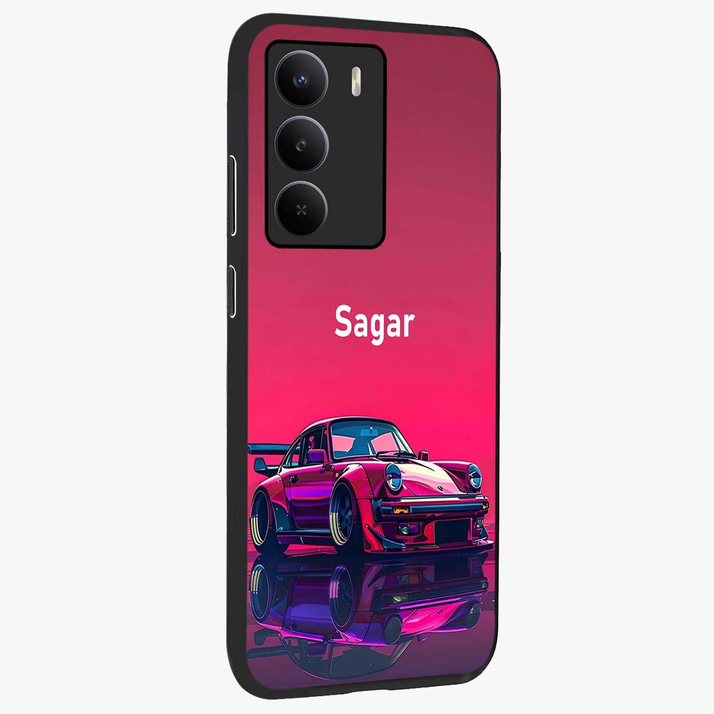 Neon Pink Porsche Glass Case upright view showcasing vibrant sports car artwork with bold automotive theme.