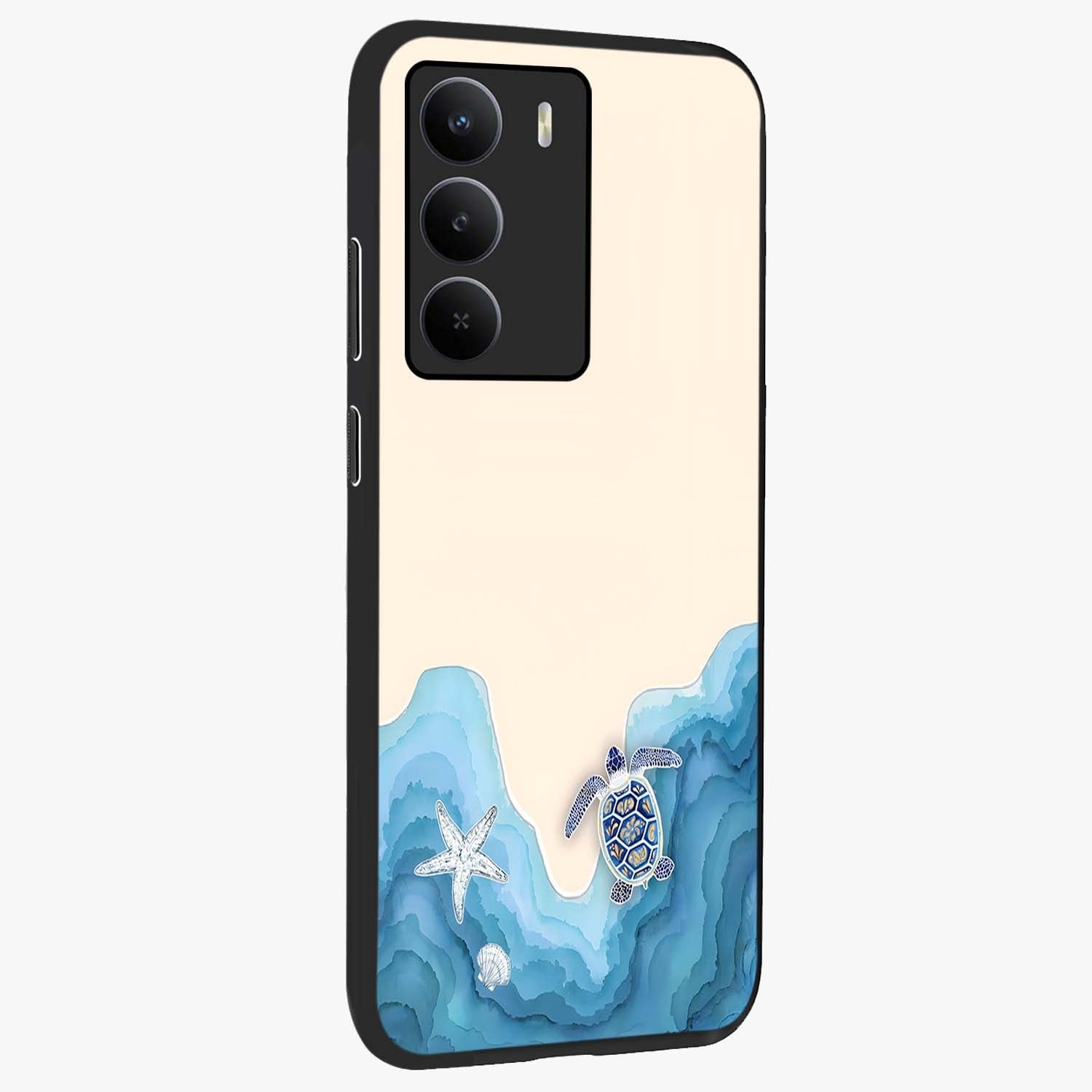 Ocean Drift Turtle Glass Case upright view showcasing calm underwater turtle artwork with nature inspired theme.