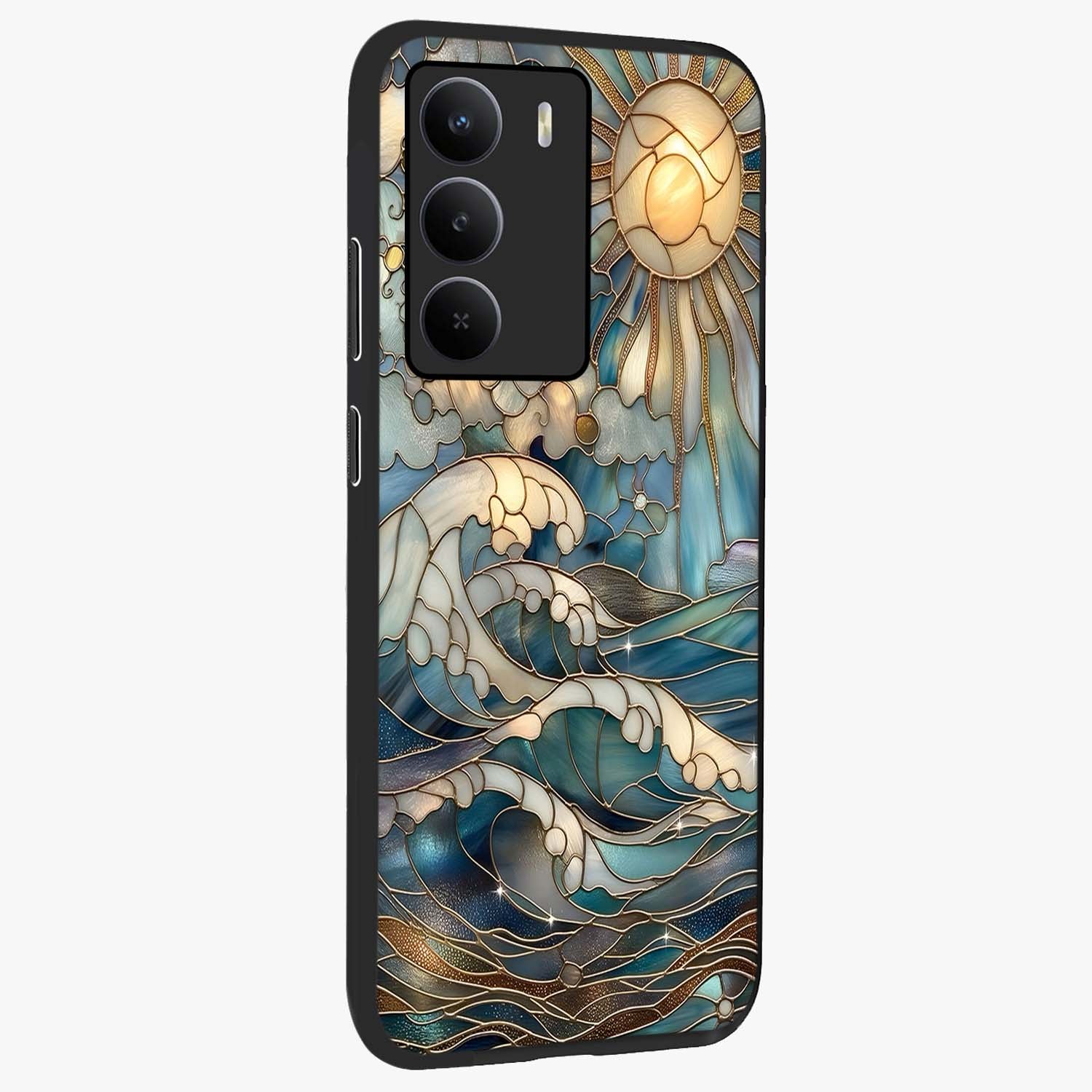 Oceanic Stained Printed Glass Case upright view showcasing decorative ocean pattern artwork with vibrant marine theme.